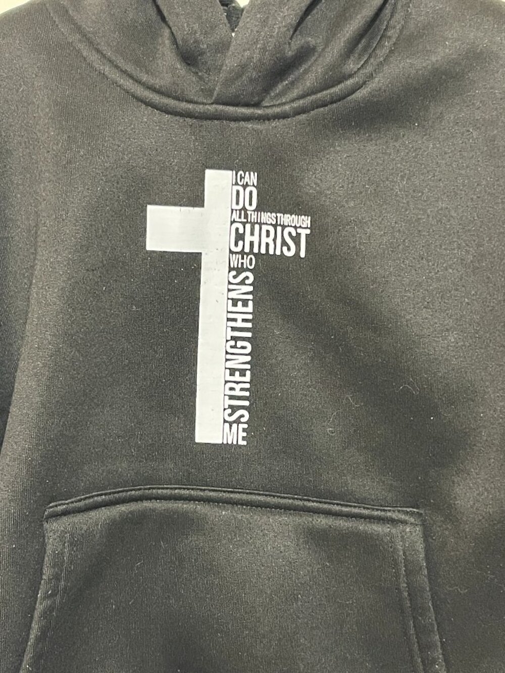 Kids Black Hoodie with Cross and Scripture Philippians 4:13
